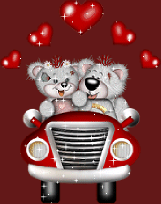 Dwa misie jadące czerwonym samochodem w walentynki